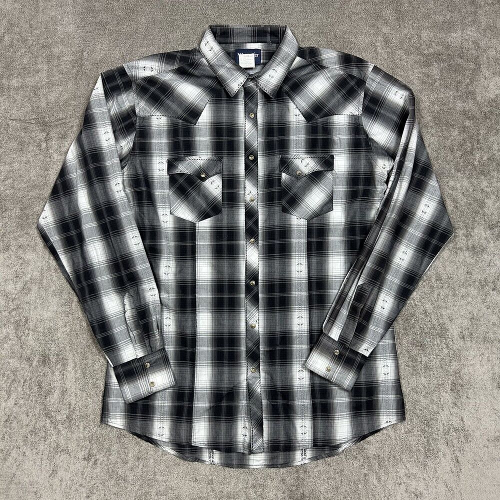 Wrangler Mens Western Shirt XLT Pearl Snap White Gray Plaid Cowboy Cotton Poly